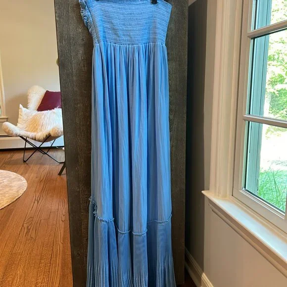 XS Ramy Brook Blue Two-Tone Pleated Flowy Strapless Maxi Dress - Picture 3 of 5